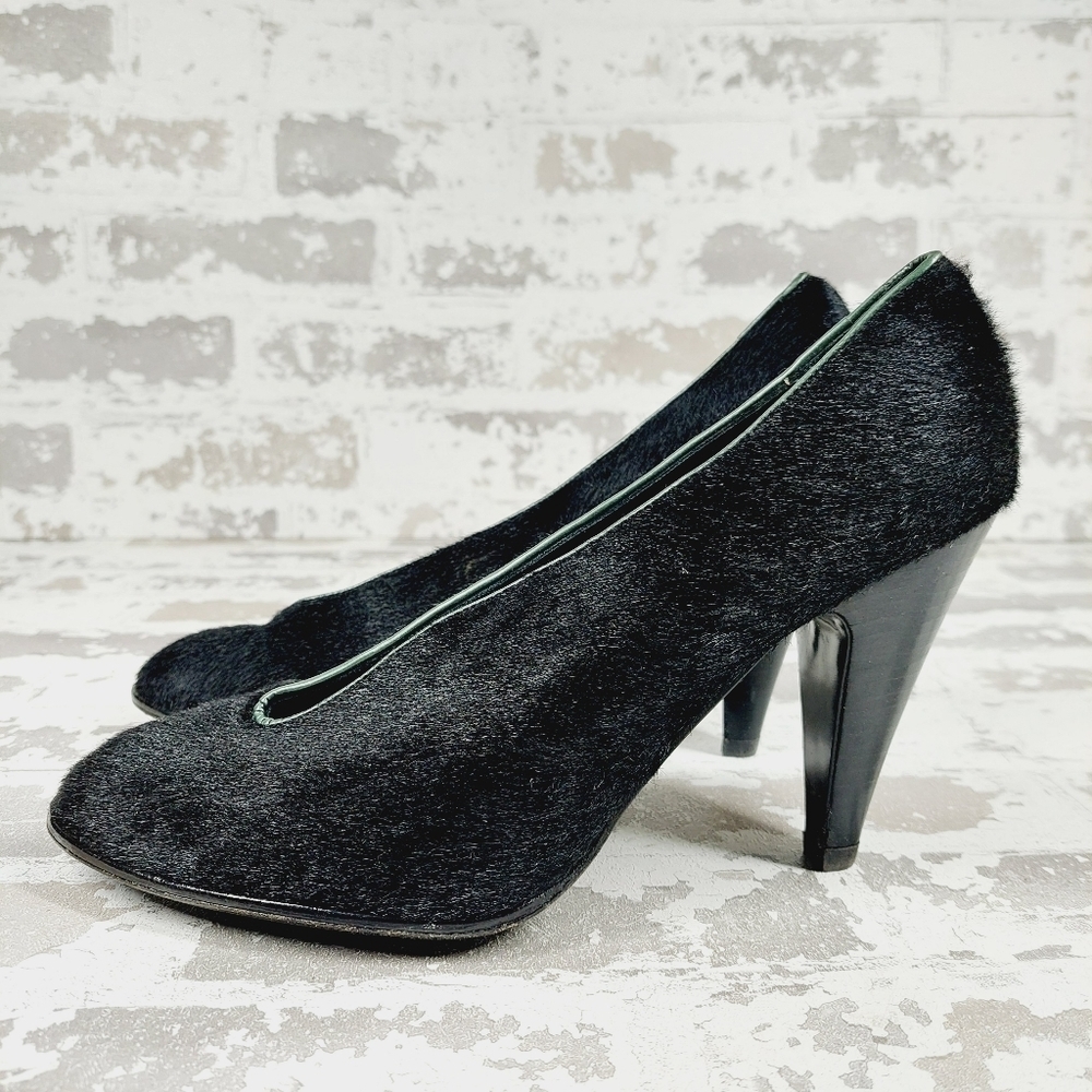 Salvador Sapena Black Fur Slip On Round Toe Business Casual Heels O292